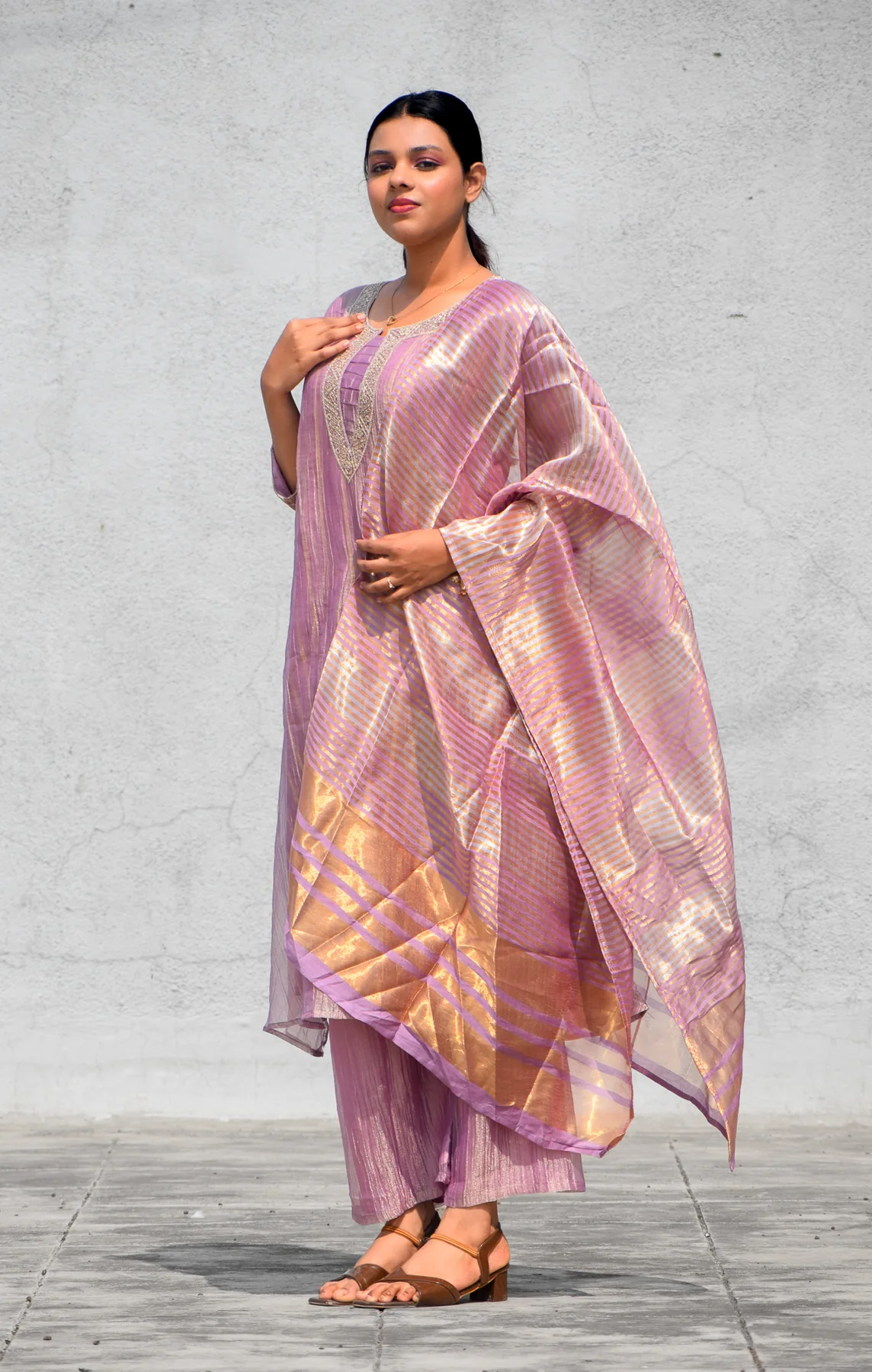Lilac ensemble with metallic striped dupatta